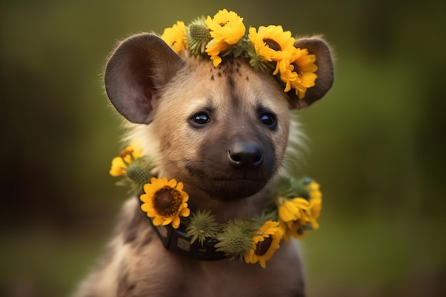 a hyena with a flower crown on its head