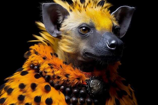 Photo a hyena with a yellow face and distinctive black and white stripes