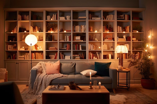 Hyggeinspired living room with inviting couch and warm lighting surrounded by bookshelves