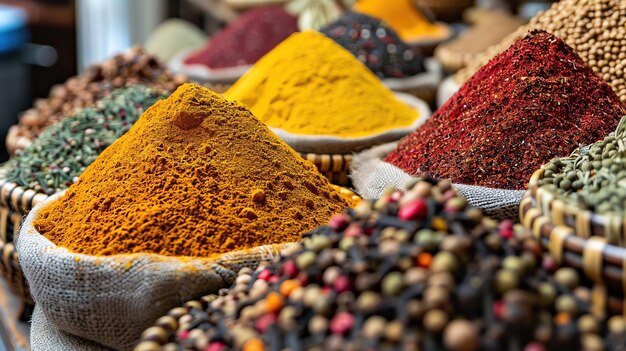 Photo hyper detailed image of a spice market display vibrant powders textures visible