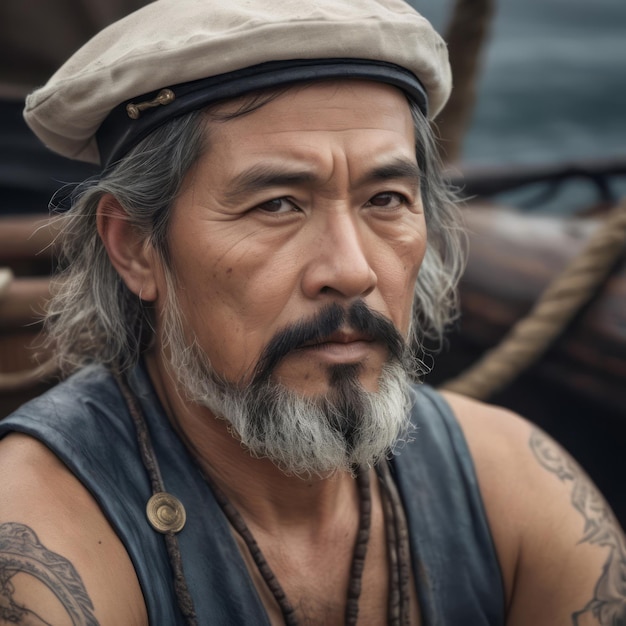 Hyper detailed photo of a captivating portrait of a wise and weathered middle aged sailor