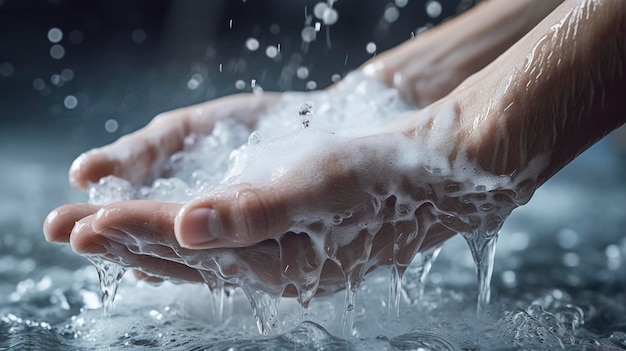 hyper detailed shot of hands being washed with soap and water