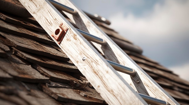 A hyper detailed shot of a ladder against a roof for repair work