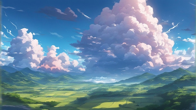 A hyper realistic angry anime clouds cartoon style landscape