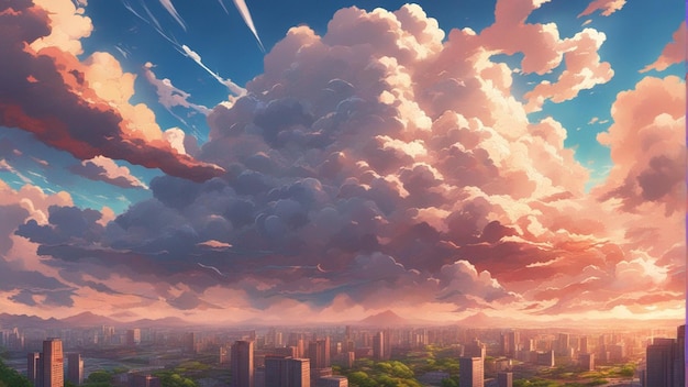 A hyper realistic angry anime clouds cartoon style landscape