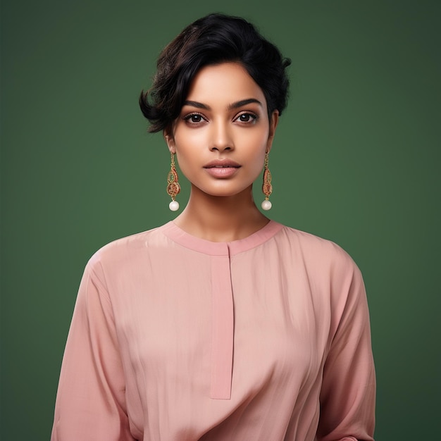 Photo a hyper realistic beautiful elegant indian woman wearing light pink linen salwar short hair