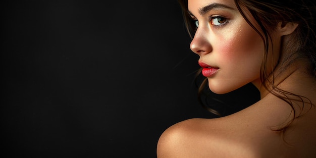 Hyper realistic closeup photo of a womans shoulder against a black background