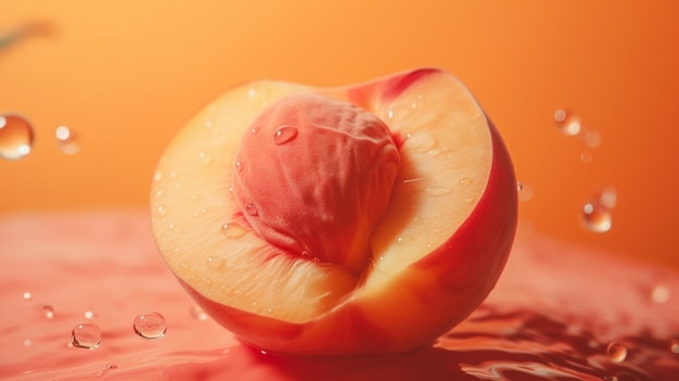 Photo hyper realistic cut peach with dripping nectar at golden hour cinematic peach background 4k cano