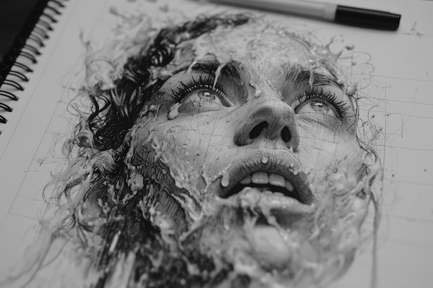 Photo hyper realistic female black and white portrait sketch done in pencil extreme closeup generative ai