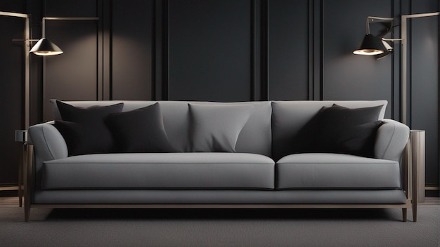 A hyper realistic gray sofa with black wall background 8k