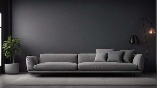 A hyper realistic gray sofa with black wall background 8k