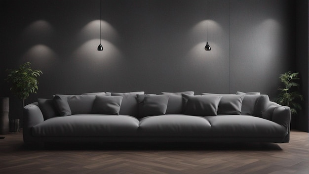 A hyper realistic gray sofa with black wall background 8k