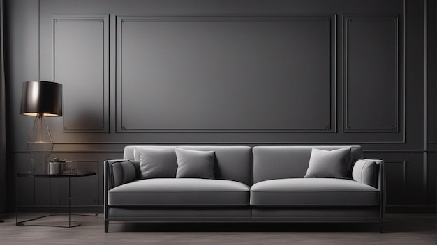 A hyper realistic gray sofa with black wall background 8k