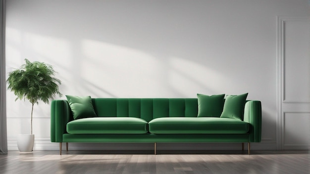 A hyper realistic green sofa with light green wall background 8k