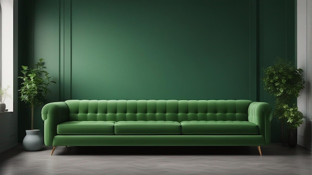 A hyper realistic green sofa with light green wall background 8k