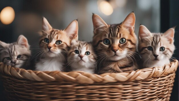 A Hyper realistic group of cat in basket Blue background