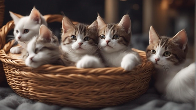 A Hyper realistic group of cat in basket Blue background