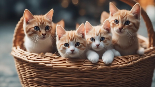 A Hyper realistic group of cat in basket Blue background