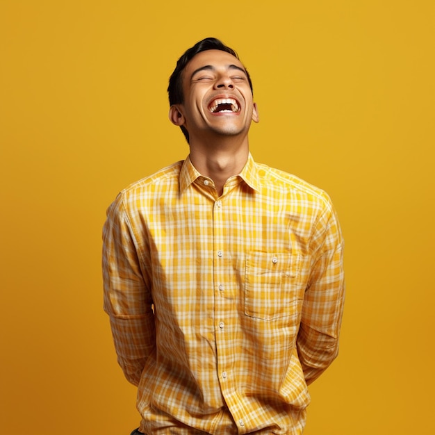 A hyper realistic happiest indian handsome man in chex shirt hands up isolated on yellow background