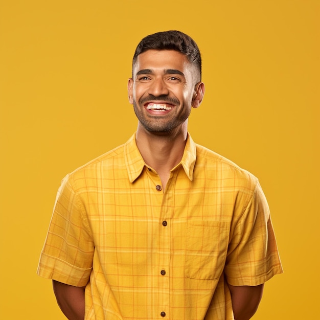 A hyper realistic happiest indian handsome man in chex shirt hands up isolated on yellow background