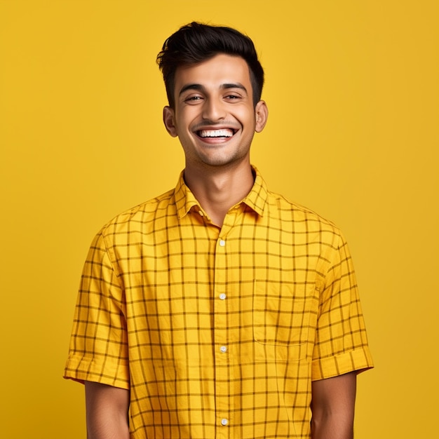 A hyper realistic happiest indian handsome man in chex shirt hands up isolated on yellow background