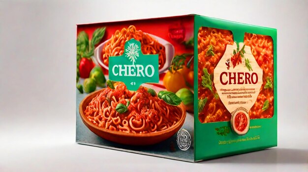 hyper realistic hd photo of flavored frozen ready food box will mark the bolognese with the art on t