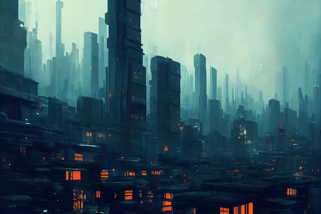 Hyper-realistic illustration of a cyberpunk city skyline