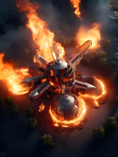 Hyper realistic illustration of fire effects top drone view 8k detailing