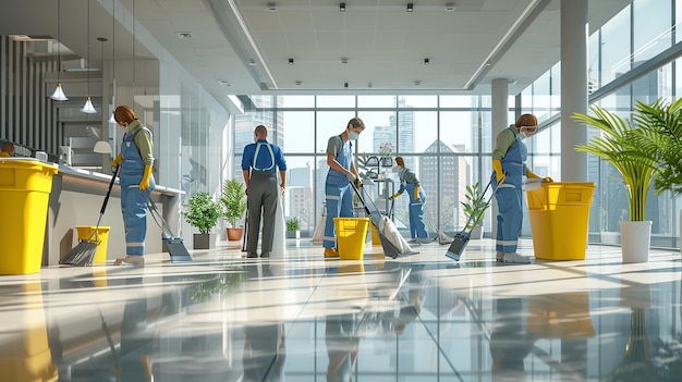 A hyper realistic image of a group of people working in a cleaning company