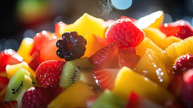 Hyper realistic juicy fruit salad extreme close up juicy pulp light illuminated through the pulp