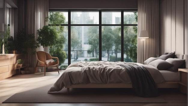 A hyper realistic modern bedroom with window 8k