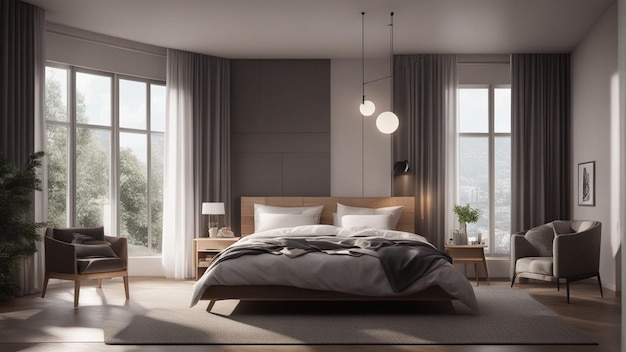 A hyper realistic modern bedroom with window 8k