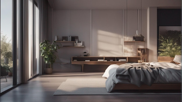 A hyper realistic modern bedroom with window 8k