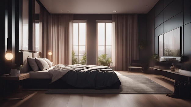 A hyper realistic modern bedroom with window 8k