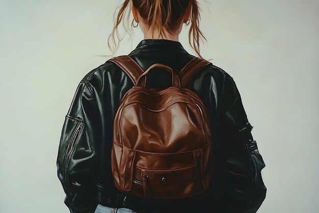 Photo hyper realistic painting of a fashionable girl with backpack and leather jacket