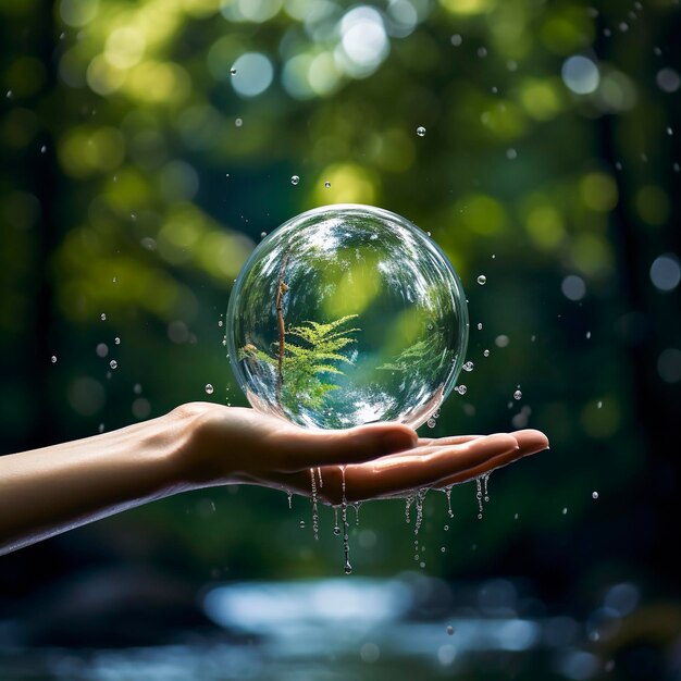 Hyper realistic photo of a hovering sphere of water and splashes everywhere the hand on a natural