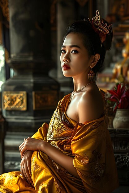 hyper realistic photography of beautiful asian woman using balinese traditional clothes