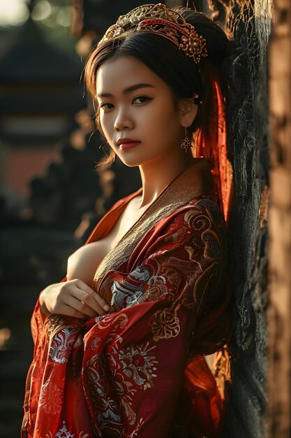 hyper realistic photography of beautiful asian woman using balinese traditional clothes