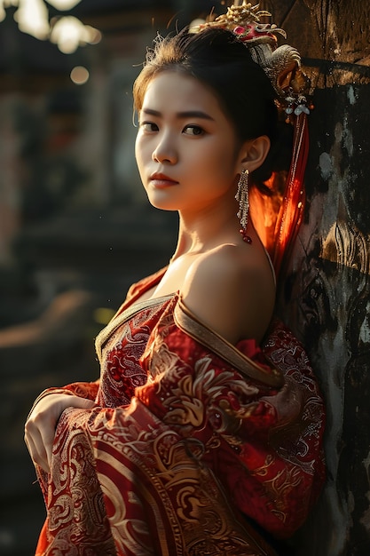 hyper realistic photography of beautiful asian woman using balinese traditional clothes