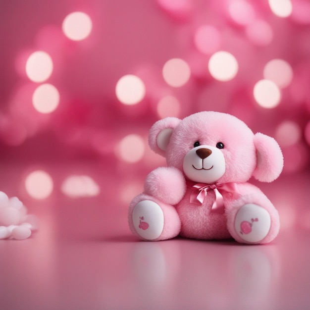 A hyper realistic pink teddy white background