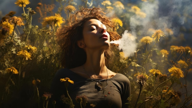 Photo a hyper realistic portrait of a person breathing deeply in a field of wildflowers