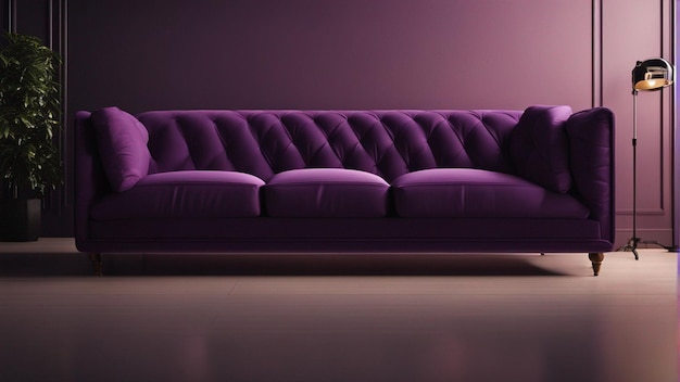 A hyper realistic purple sofa with black wall background 8k