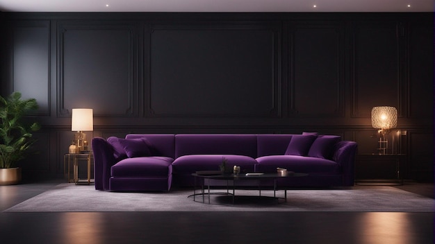 A hyper realistic purple sofa with black wall background 8k