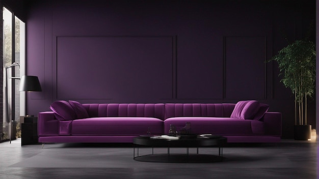 A hyper realistic purple sofa with black wall background 8k