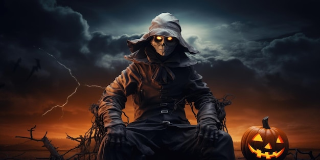 Hyper realistic the Scarecrow halloween pumpkin againts The dark Spooky background with storm and li