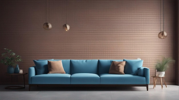 A hyper realistic sky blue sofa with light blue wall background 8k