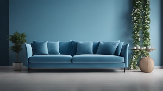 A hyper realistic sky blue sofa with light blue wall background 8k