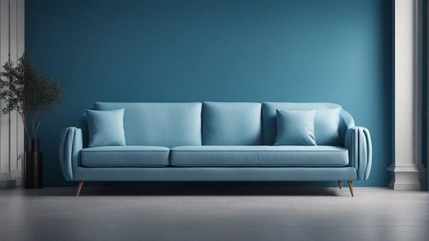 A hyper realistic sky blue sofa with light blue wall background 8k