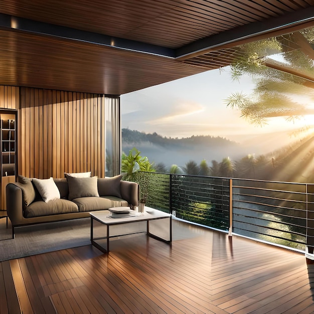 hyper realistic terrace with dark bamboo decking and cladding