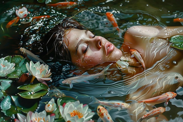 Photo hyper realistic upper body water nymph emerging from water